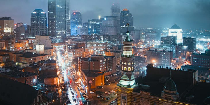 Aerial view of Indianapolis, Indiana, at night.