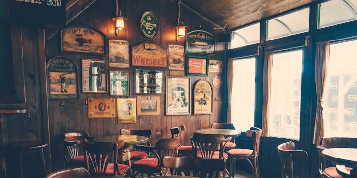 An empty, dimly-lit country bar business.