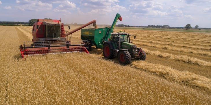 Tractor y cosechadora en un campo de trigo en una empresa de equipamiento agrícola.