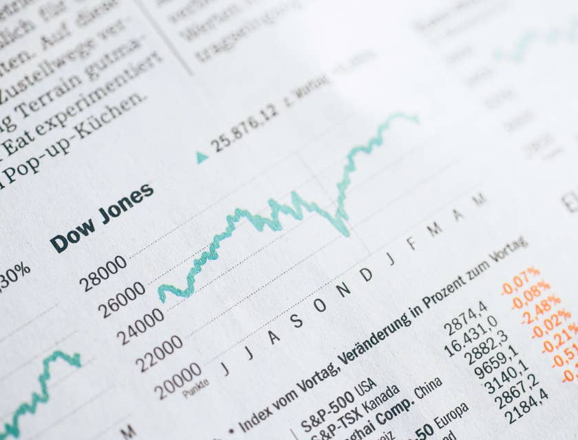 A line graph of Dow Jones printed in a financial magazine.