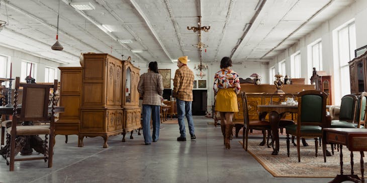 Gente caminando por una mueblería mirando los productos.