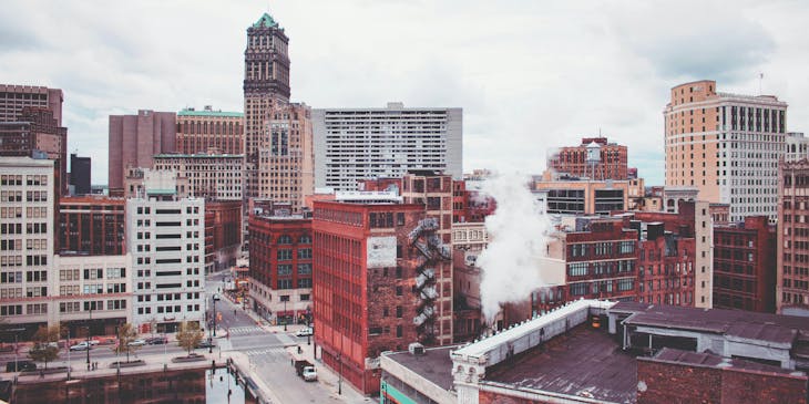 A view of buildings in Detroit, Michigan.