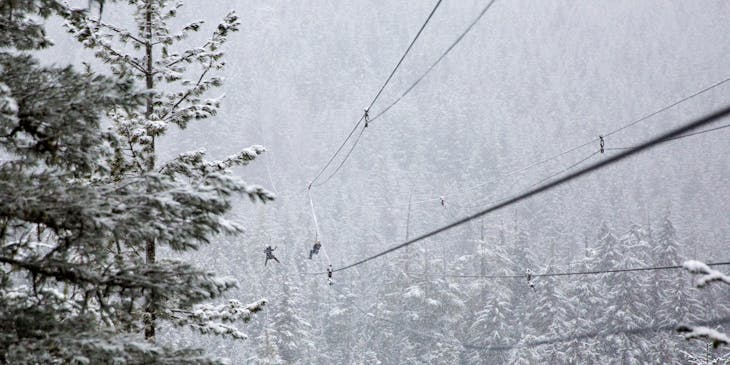 Dos personas suspendidas en una tirolesa con un fondo de pinos nevados en un negocio de tirolesa.