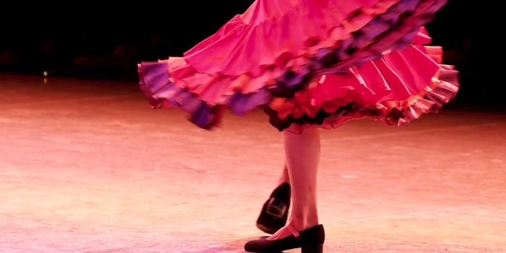 Una mujer de espaldas bailando flamenco vistiendo ropa flamenca con un fondo negro sobre duela de madera.