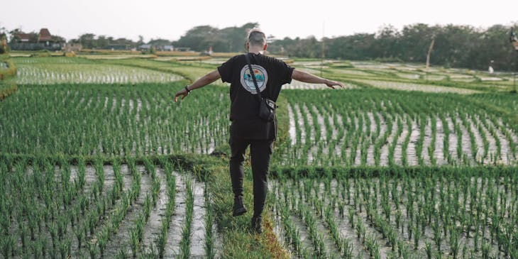 A man with outstretched arms exploring a rice business.